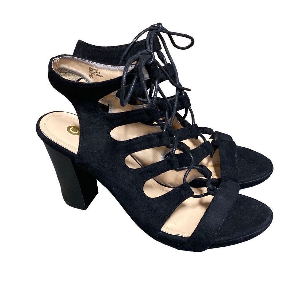 Chase & Chloe Black Benjamin Lace Up Suede Block Heel Sandal Size 11